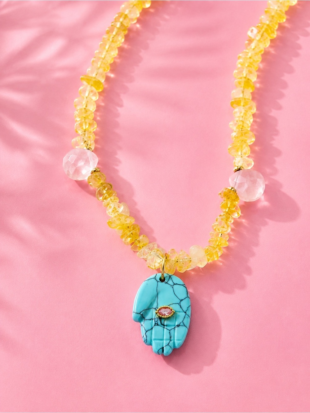 Sunny Citrine Hamsa Yellow Gemstone Beaded Necklace